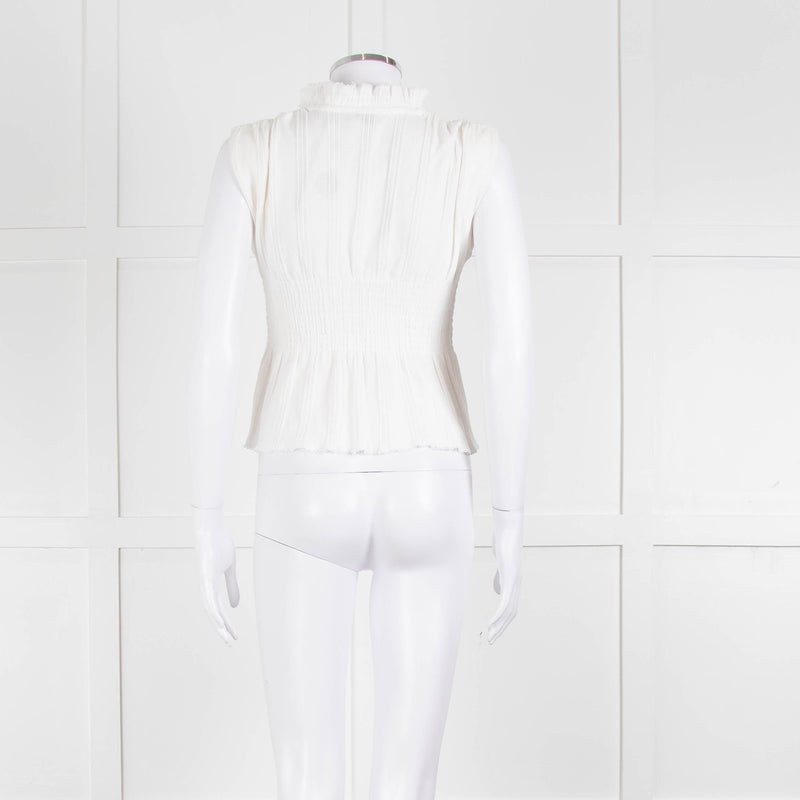 Sandro Cream Ribbed Gathered Sleeveless Top