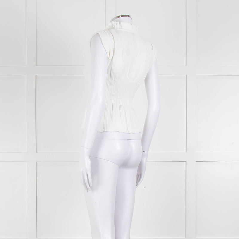 Sandro Cream Ribbed Gathered Sleeveless Top