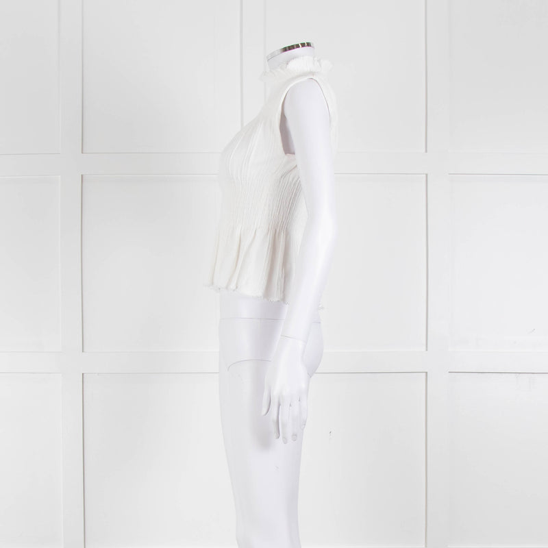 Sandro Cream Ribbed Gathered Sleeveless Top