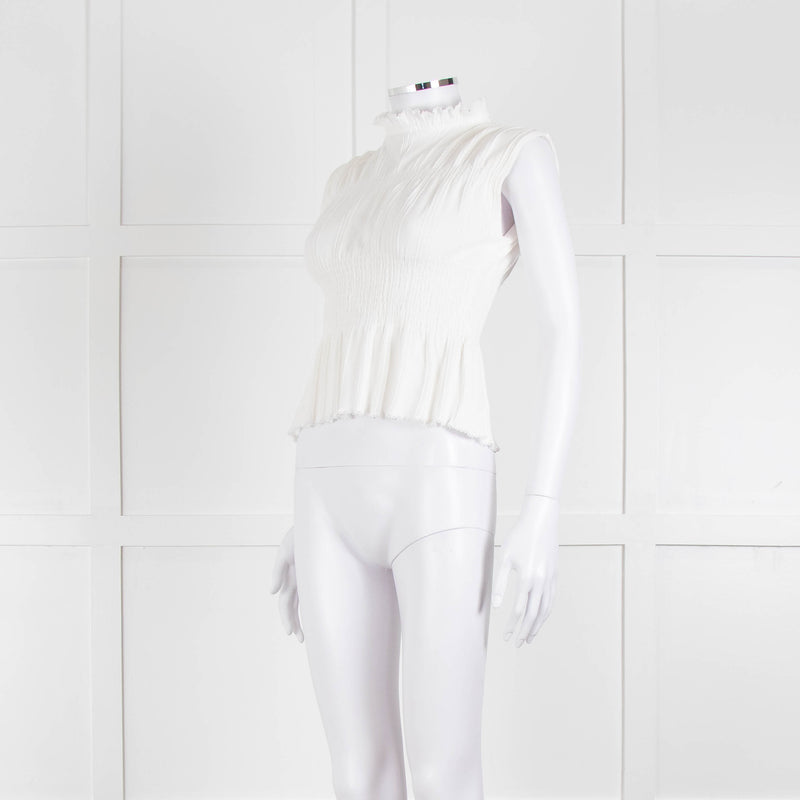 Sandro Cream Ribbed Gathered Sleeveless Top