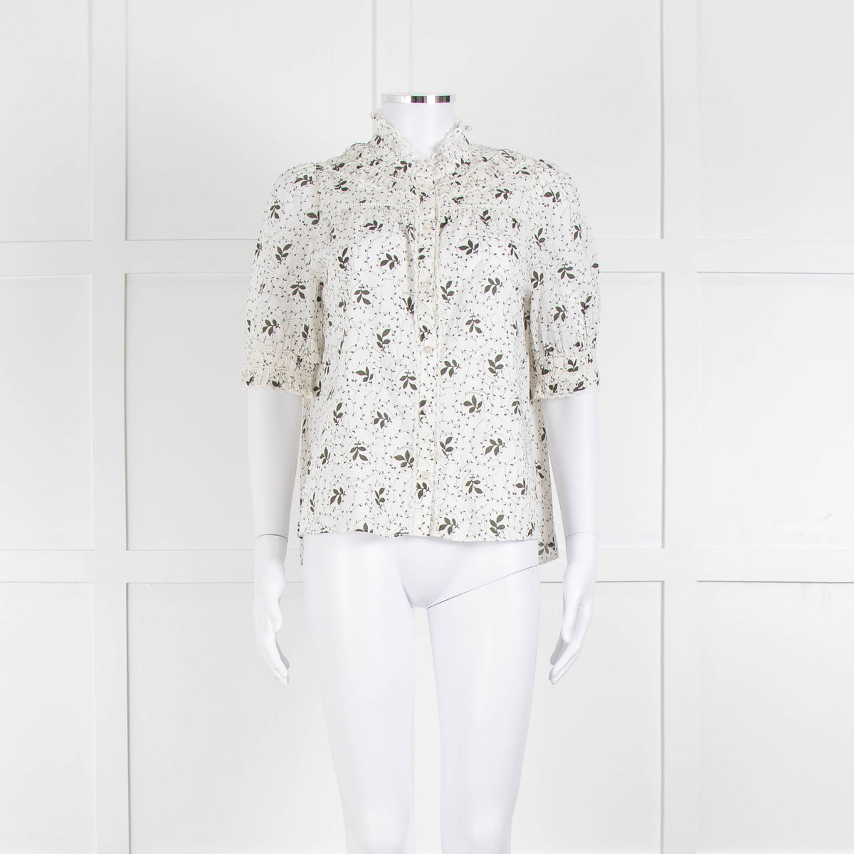 ME + EM Cream Khaki Floral Cotton Scallop Lace Trim Top