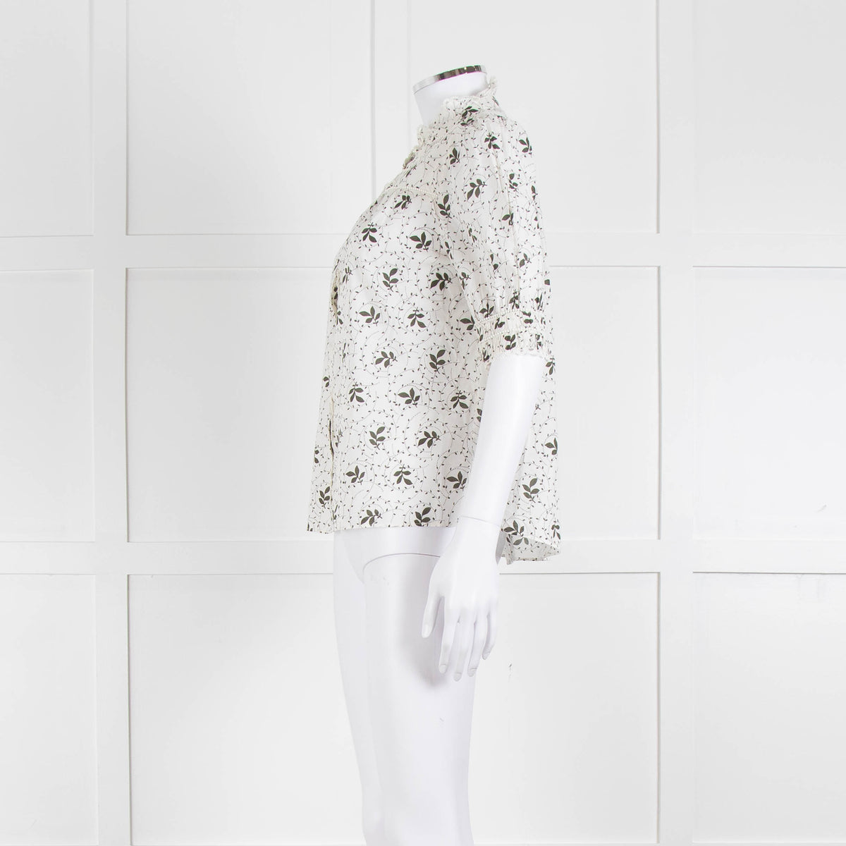 ME + EM Cream Khaki Floral Cotton Scallop Lace Trim Top