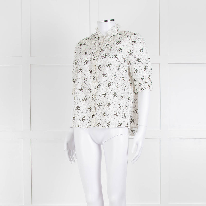 ME + EM Cream Khaki Floral Cotton Scallop Lace Trim Top