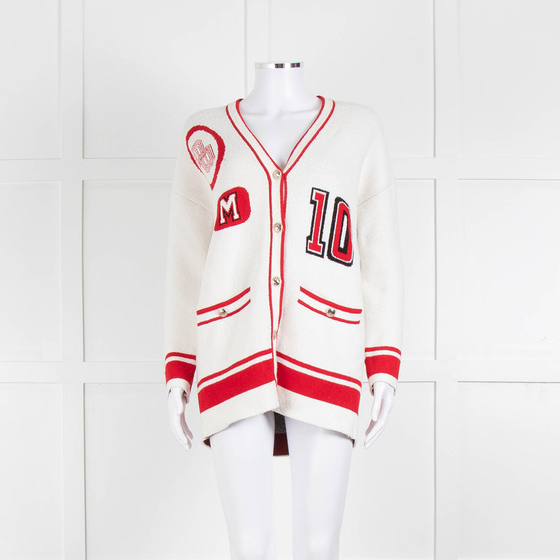 Maje Cream Red Trim Mallais Stretch-Knit Cardigan