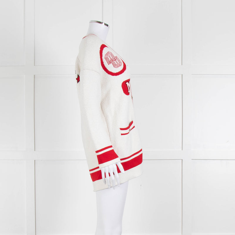 Maje Cream Red Trim Mallais Stretch-Knit Cardigan