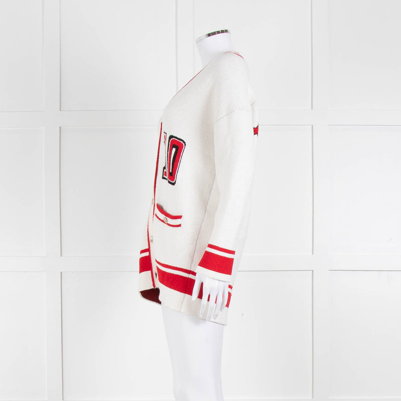 Maje Cream Red Trim Mallais Stretch-Knit Cardigan