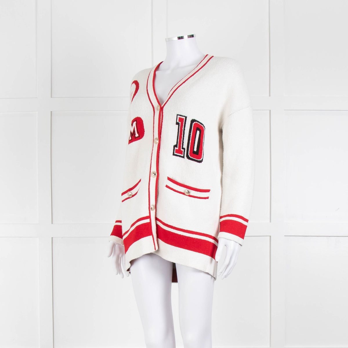 Maje Cream Red Trim Mallais Stretch-Knit Cardigan