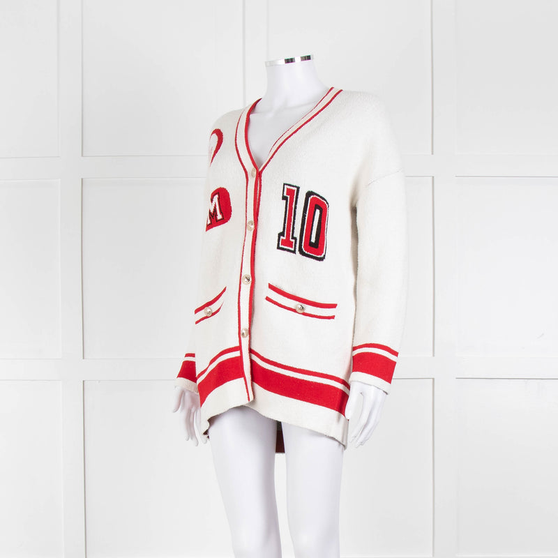 Maje Cream Red Trim Mallais Stretch-Knit Cardigan