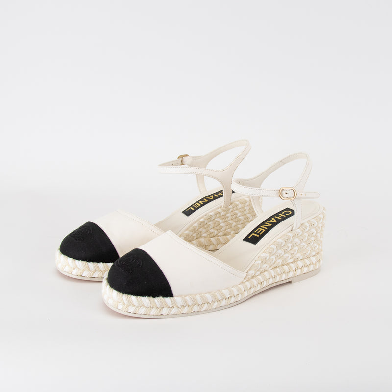 Chanel White Black CC Toe Espadrilles Wedge Shoes