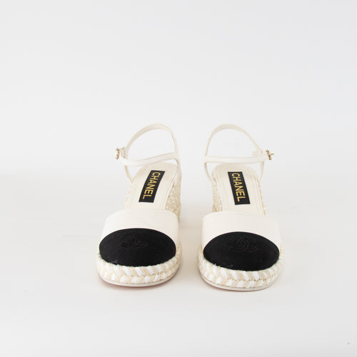 Chanel White Black CC Toe Espadrilles Wedge Shoes