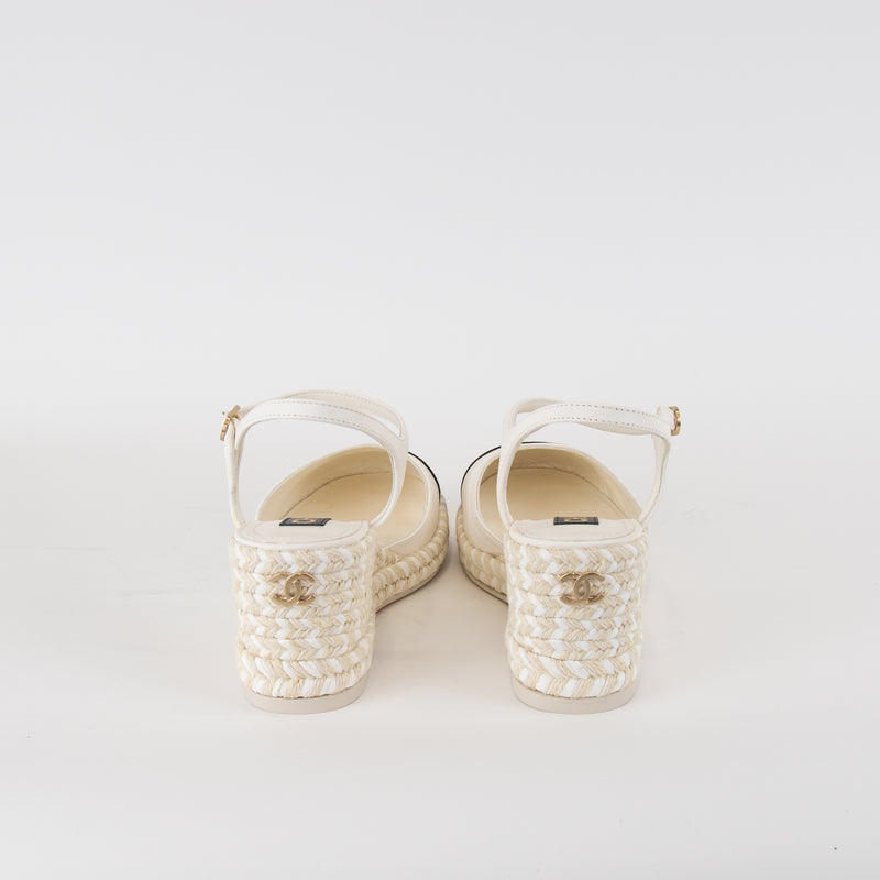 Chanel White Black CC Toe Espadrilles Wedge Shoes