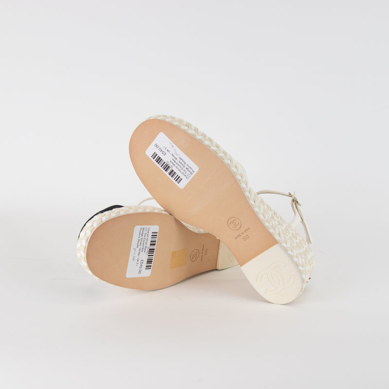 Chanel White Black CC Toe Espadrilles Wedge Shoes