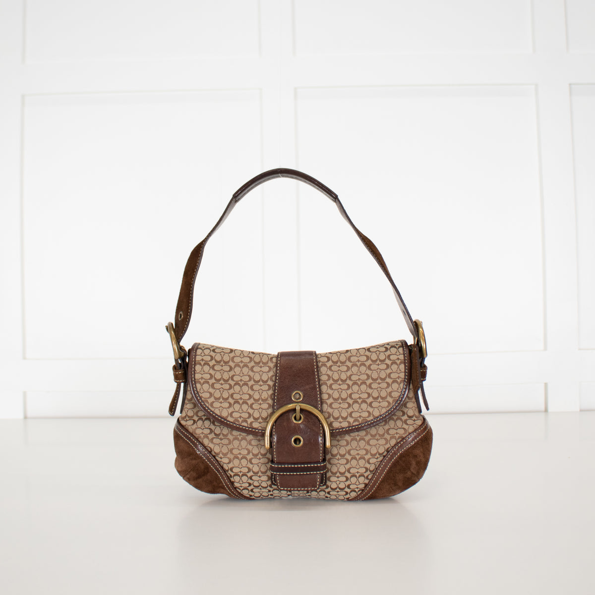 Coach Beige Canvas Brown Suede Soho Flap Shoulder Bag