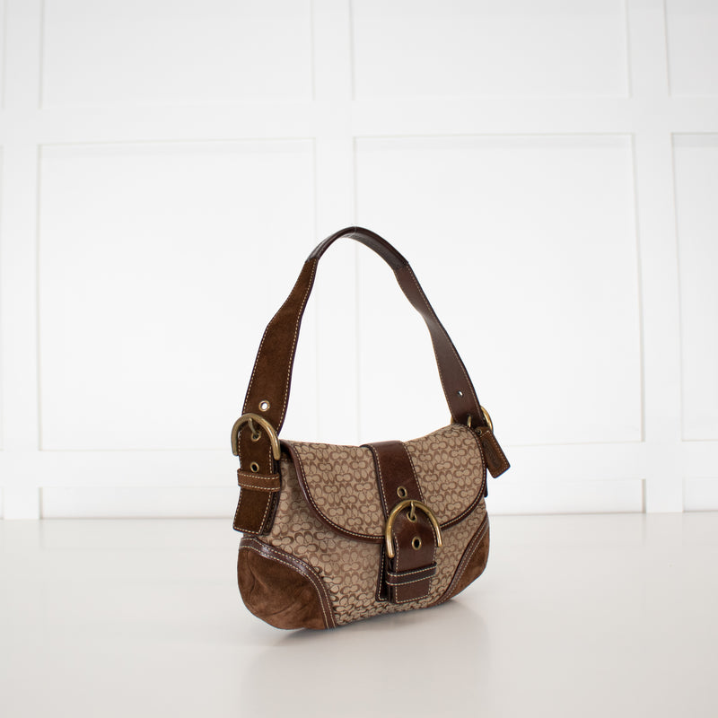 Coach Beige Canvas Brown Suede Soho Flap Shoulder Bag