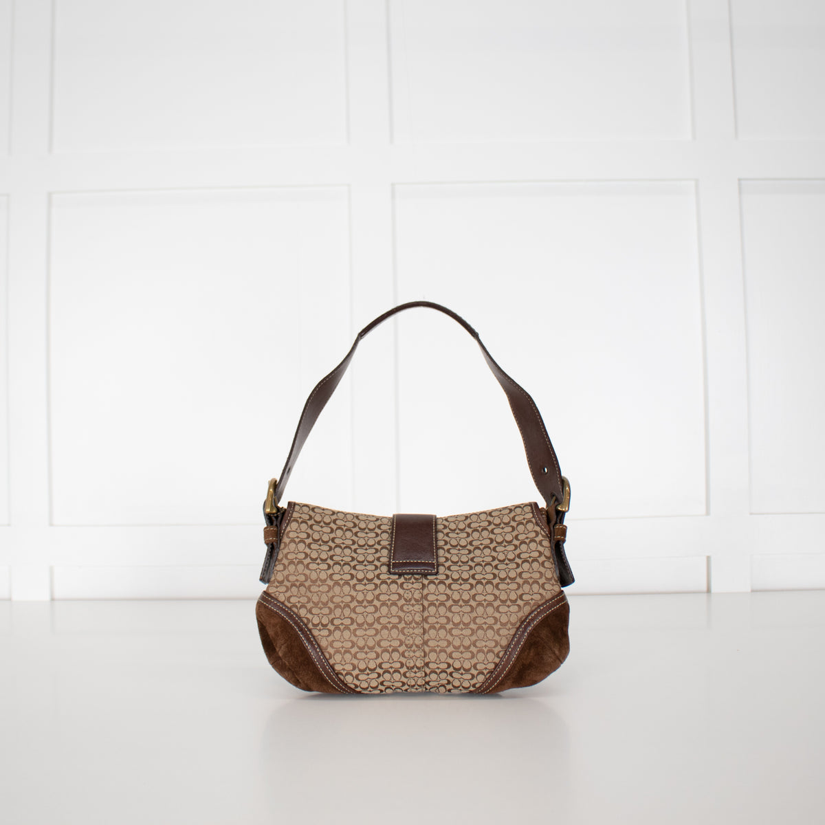Coach Beige Canvas Brown Suede Soho Flap Shoulder Bag