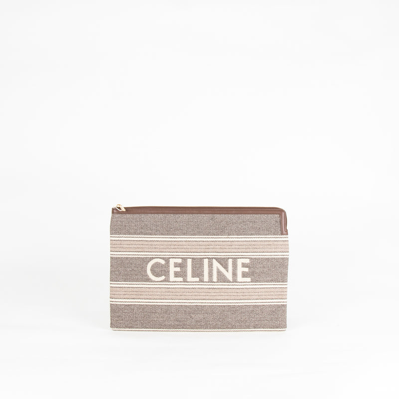 Celine Grey And Tan Logo Cloth Clutch Bag