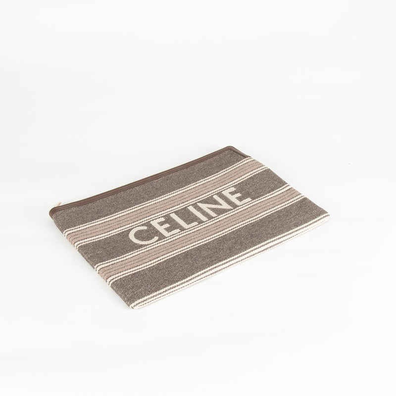 Celine Grey And Tan Logo Cloth Clutch Bag