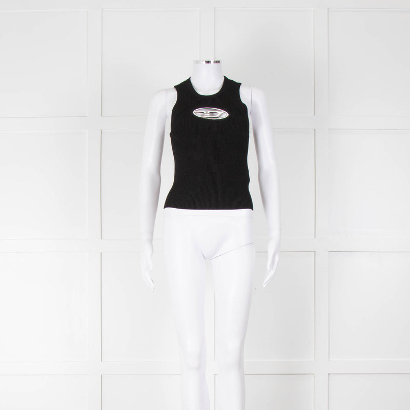 Diesel M-Onerva-Top Black Vest Top with Silver Metal Logo