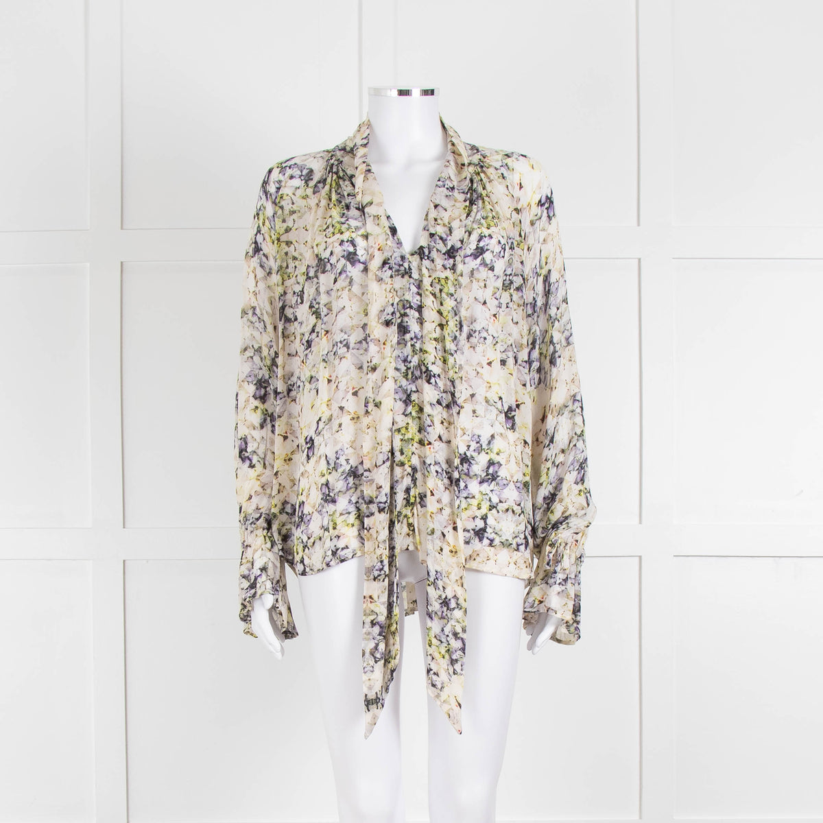 Pyrus Cream Purple Green Sheer Oversized Neck Tie Long Sleeve Top