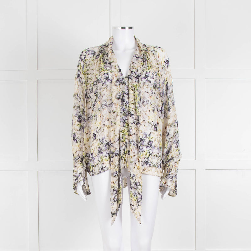 Pyrus Cream Purple Green Sheer Oversized Neck Tie Long Sleeve Top