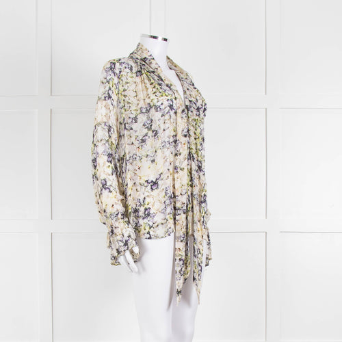 Pyrus Cream Purple Green Sheer Oversized Neck Tie Long Sleeve Top