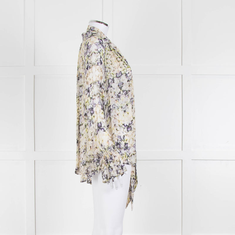 Pyrus Cream Purple Green Sheer Oversized Neck Tie Long Sleeve Top