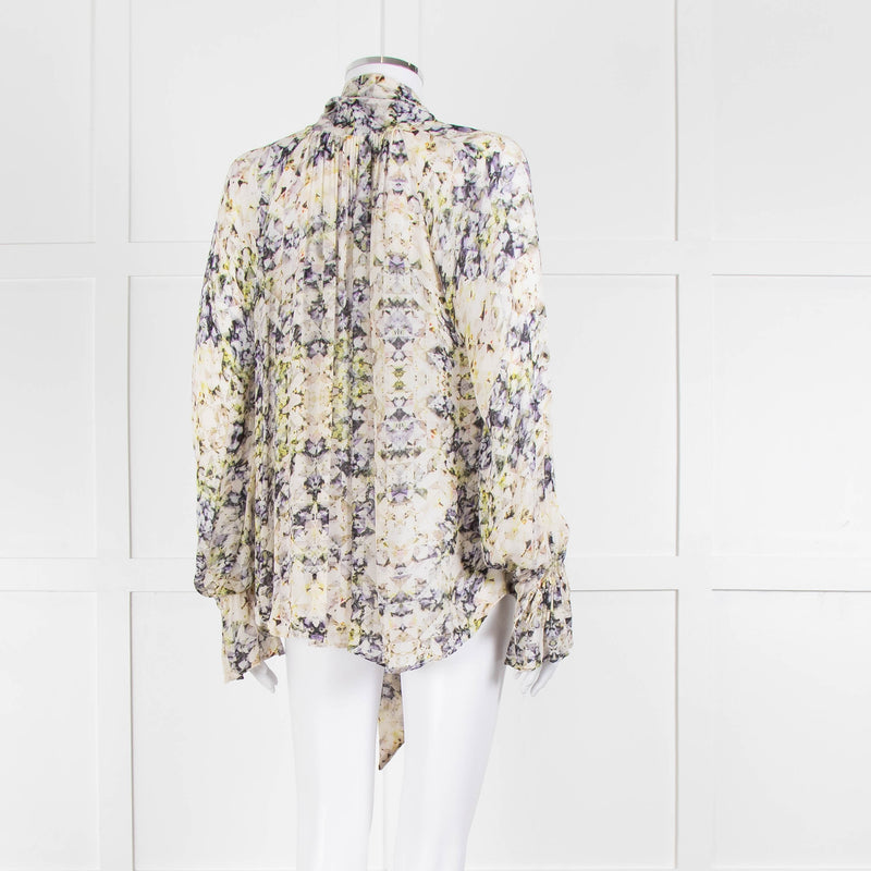 Pyrus Cream Purple Green Sheer Oversized Neck Tie Long Sleeve Top