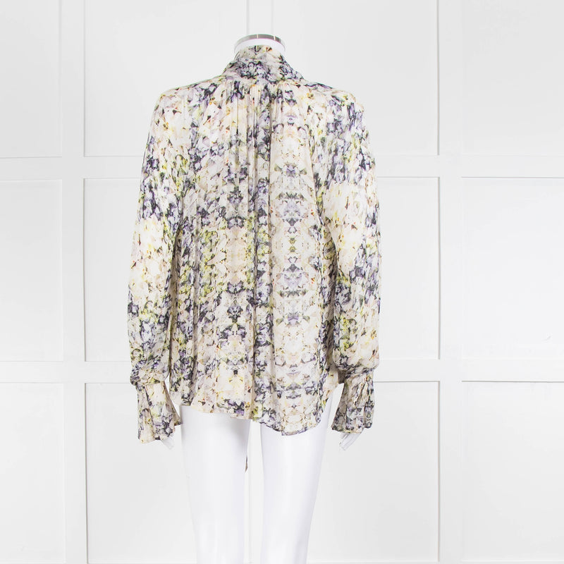 Pyrus Cream Purple Green Sheer Oversized Neck Tie Long Sleeve Top