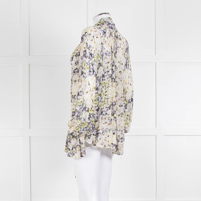 Pyrus Cream Purple Green Sheer Oversized Neck Tie Long Sleeve Top