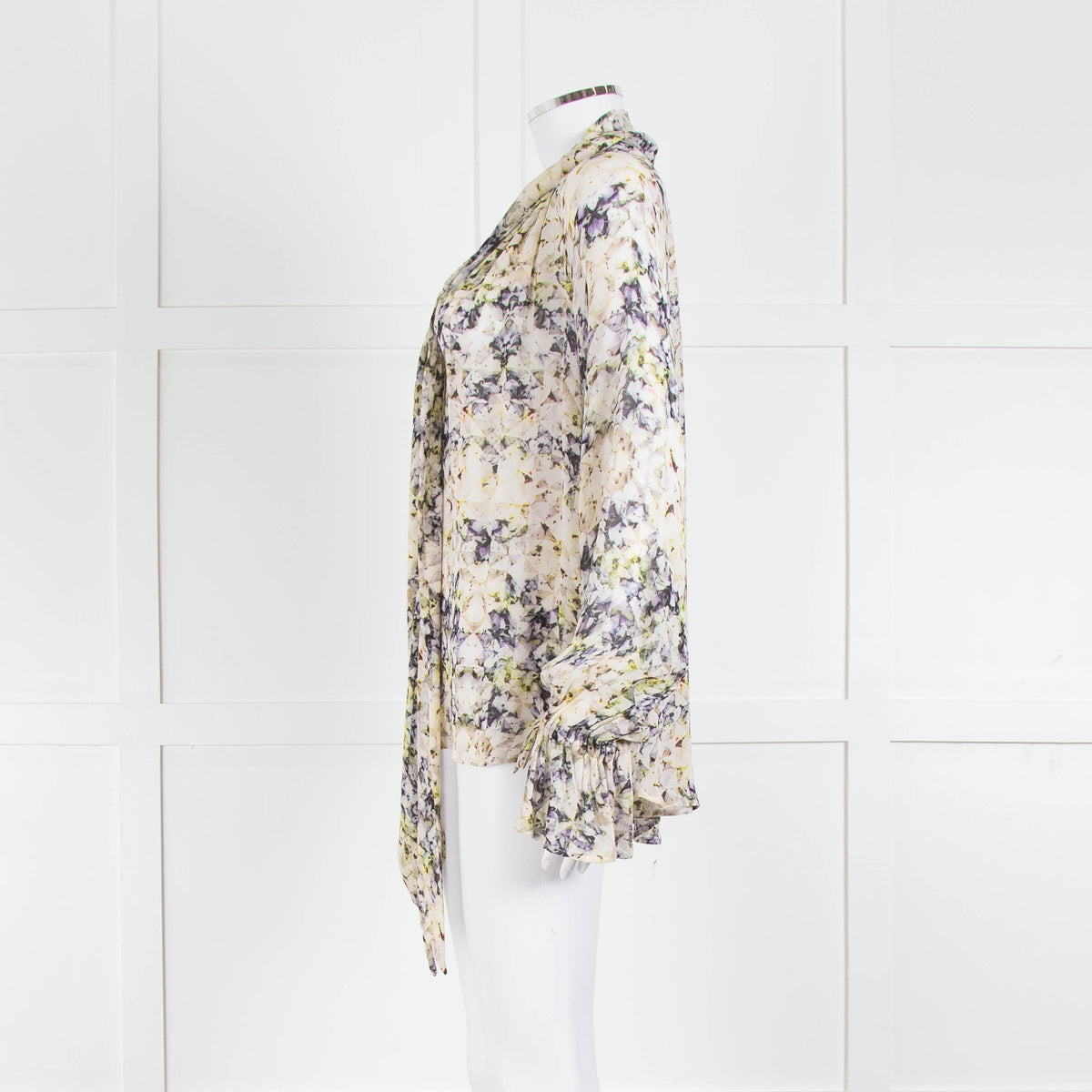 Pyrus Cream Purple Green Sheer Oversized Neck Tie Long Sleeve Top