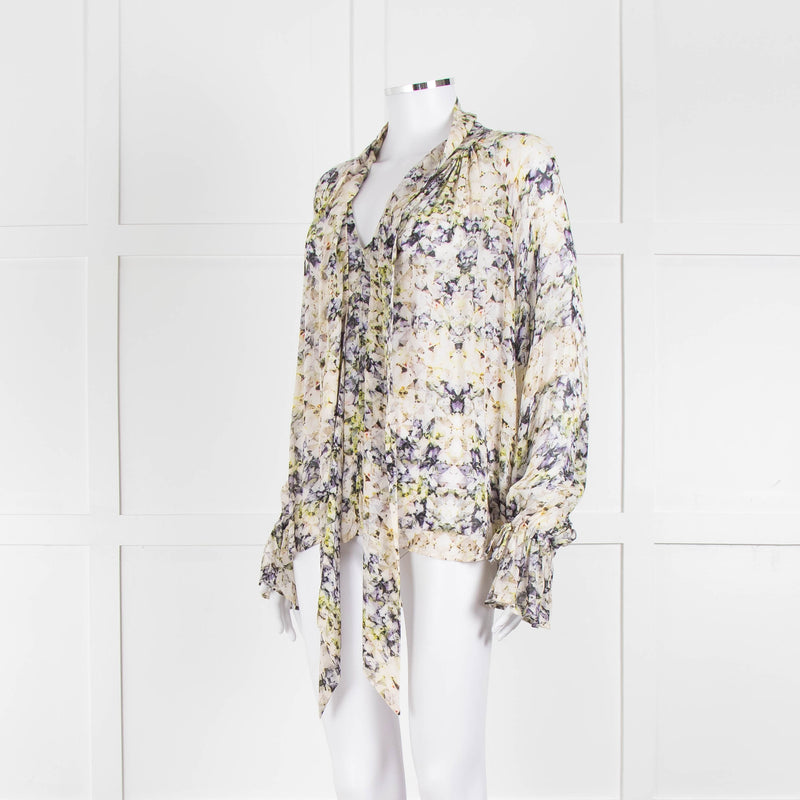 Pyrus Cream Purple Green Sheer Oversized Neck Tie Long Sleeve Top