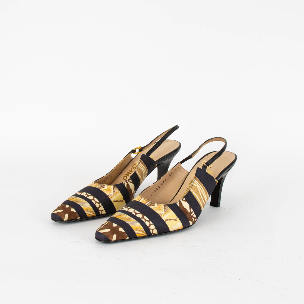 Salvatore Ferragamo Gold And Black Scarf Print Sling Back Shoes