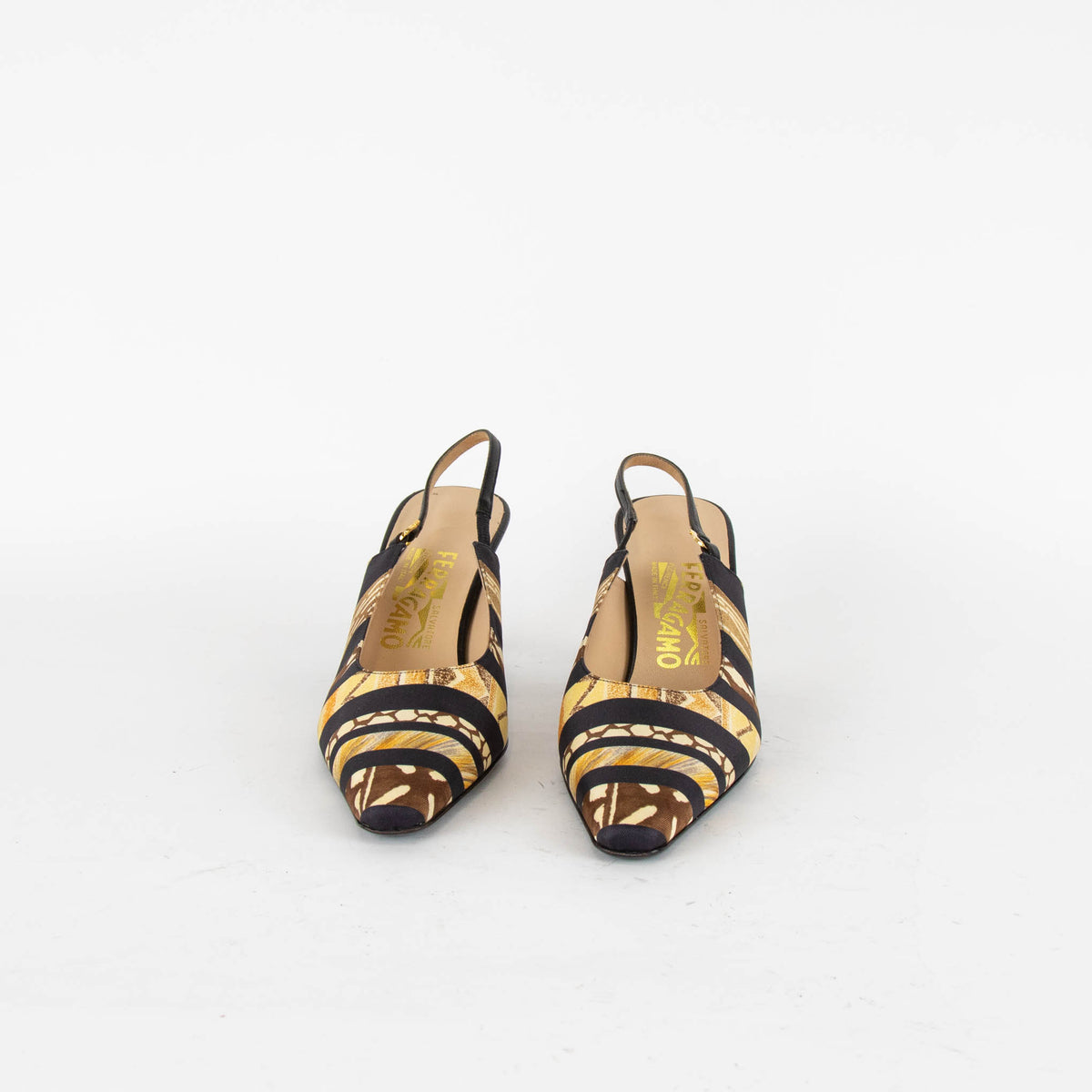 Salvatore Ferragamo Gold And Black Scarf Print Sling Back Shoes