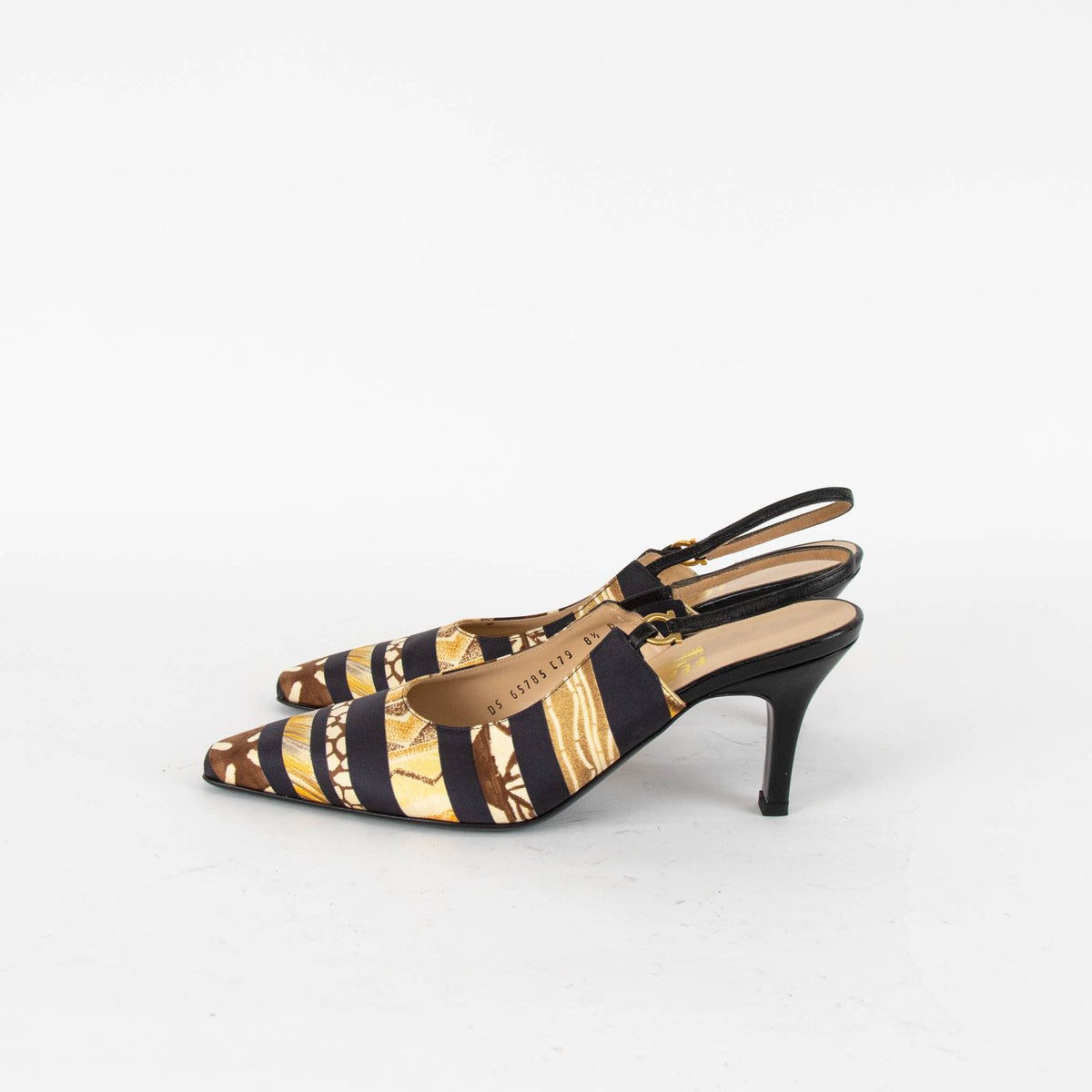 Salvatore Ferragamo Gold And Black Scarf Print Sling Back Shoes
