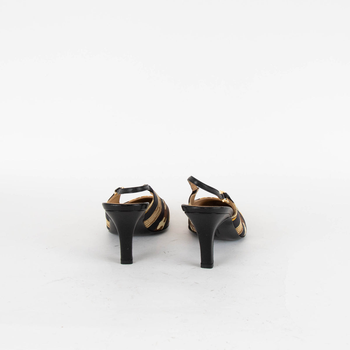 Salvatore Ferragamo Gold And Black Scarf Print Sling Back Shoes
