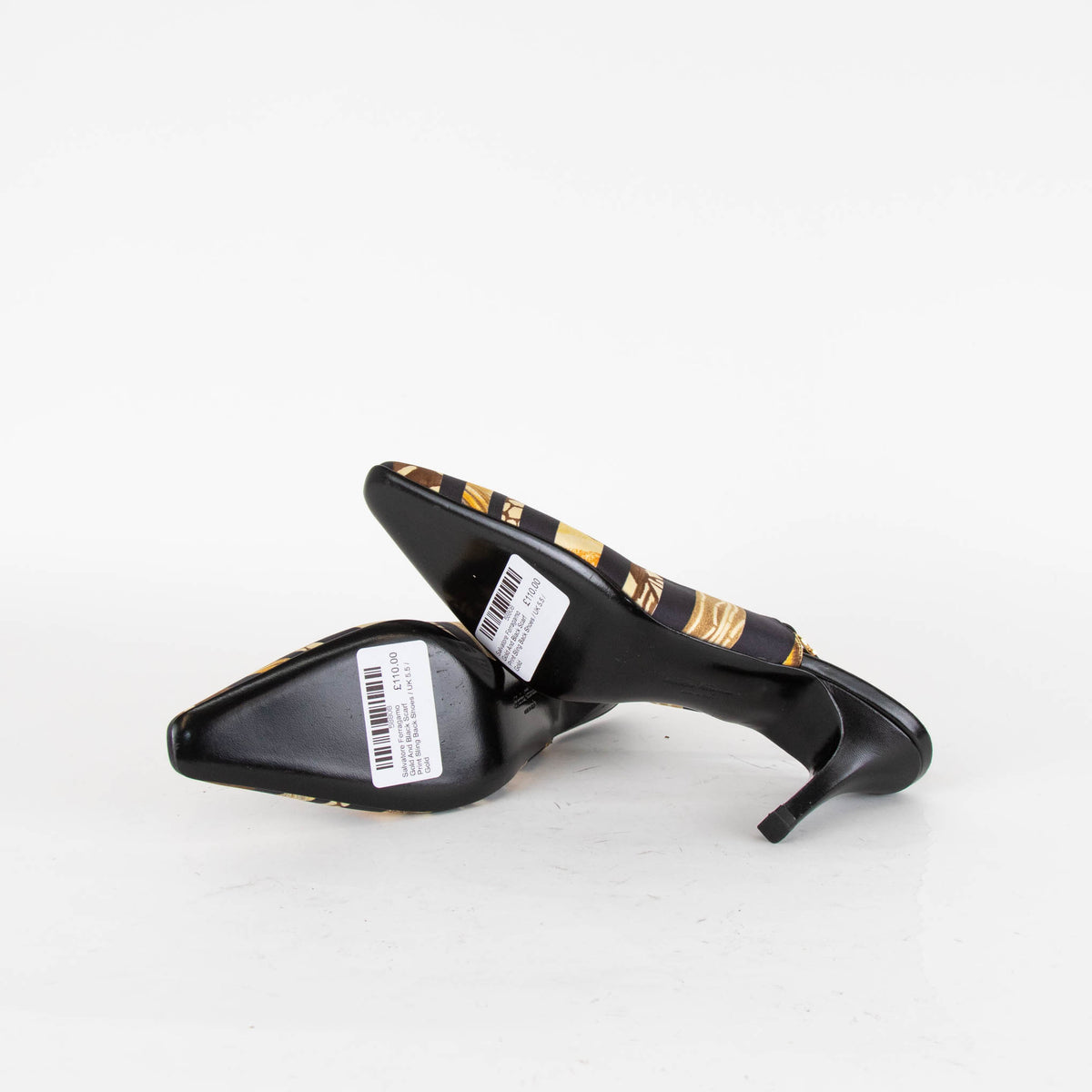 Salvatore Ferragamo Gold And Black Scarf Print Sling Back Shoes