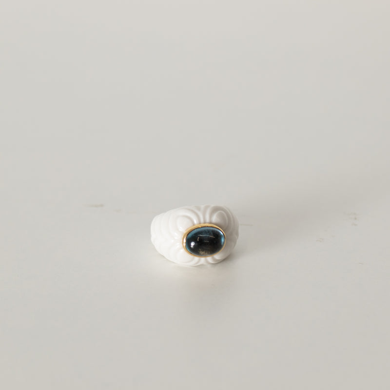 Bvlgari Chandra White Ceramic 18ct Yellow Gold Blue Topaz Ring
