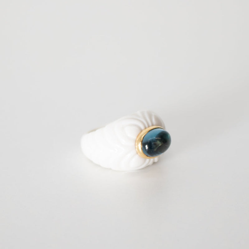Bvlgari Chandra White Ceramic 18ct Yellow Gold Blue Topaz Ring
