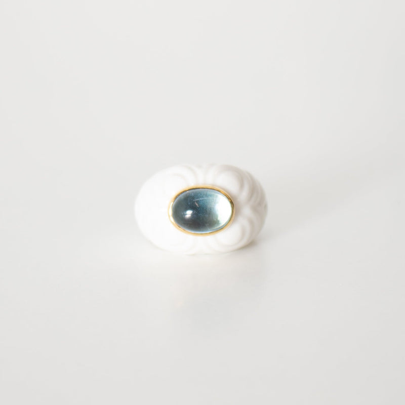 Bvlgari Chandra White Ceramic 18ct Yellow Gold Blue Topaz Ring
