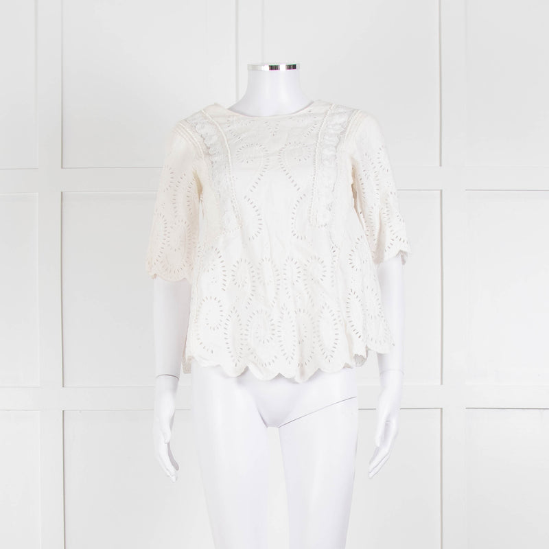 Vanessa Bruno Cream Linen Embroidered Scallop Trim Top