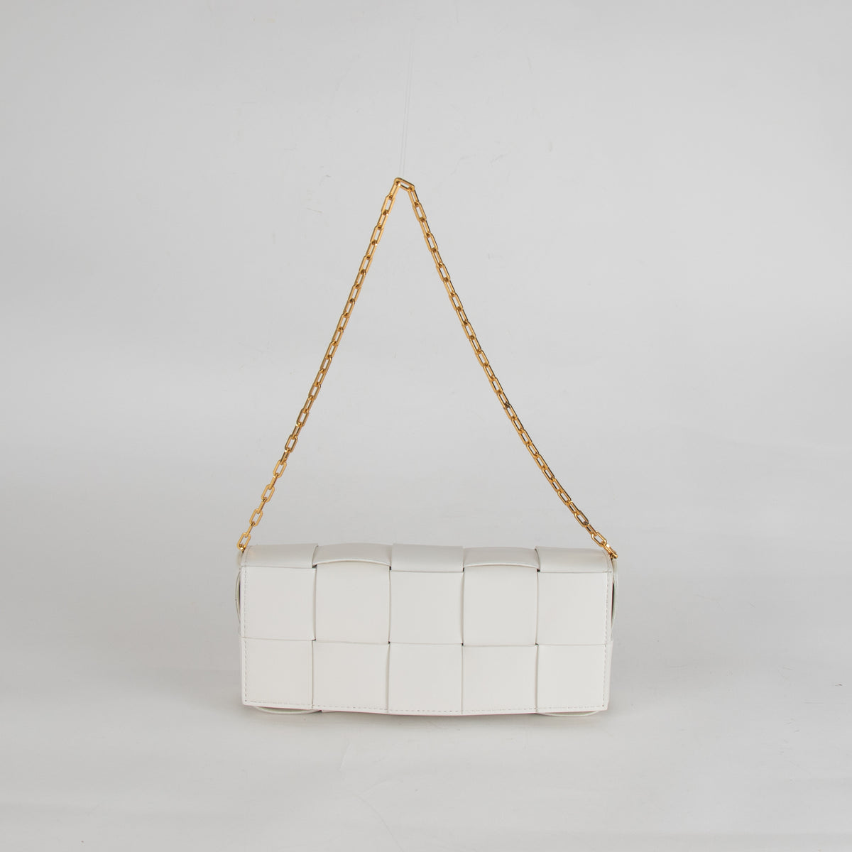 Bottega Veneta White Woven Intrecciato Casette Pochette with Chain Strap