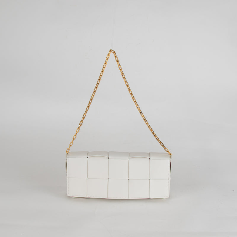 Bottega Veneta White Woven Intrecciato Casette Pochette with Chain Strap