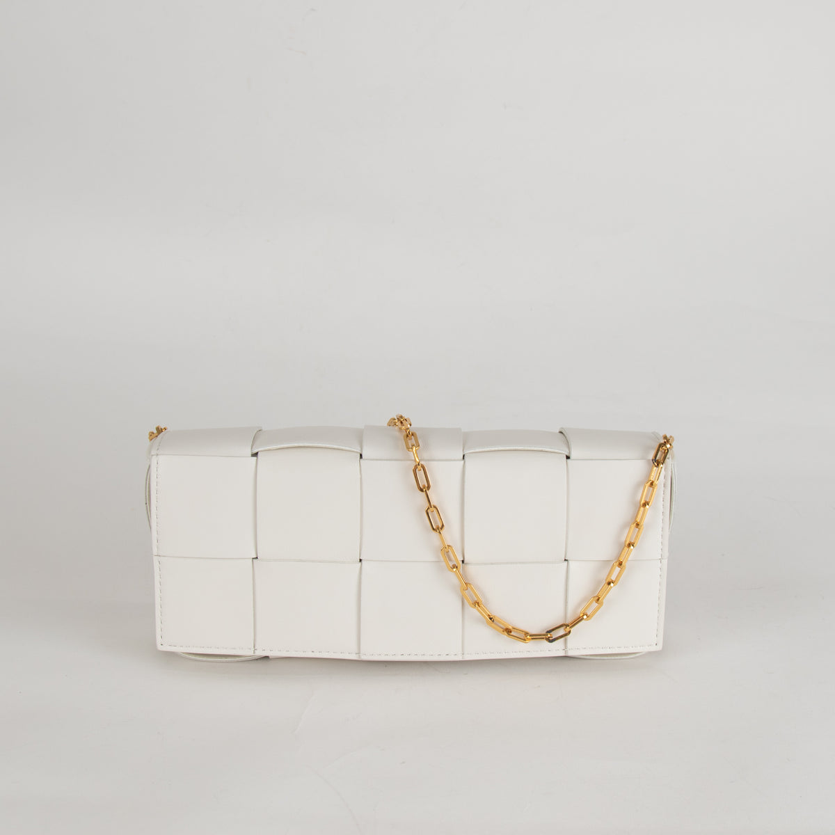 Bottega Veneta White Woven Intrecciato Casette Pochette with Chain Strap