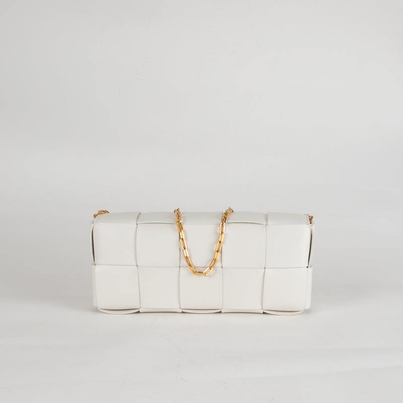Bottega Veneta White Woven Intrecciato Casette Pochette with Chain Strap