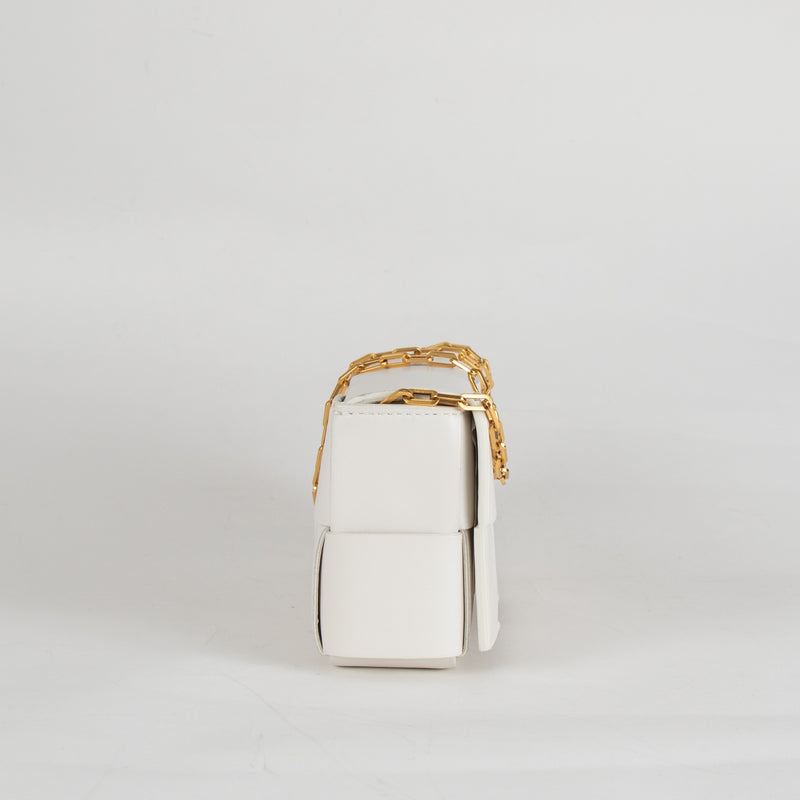 Bottega Veneta White Woven Intrecciato Casette Pochette with Chain Strap
