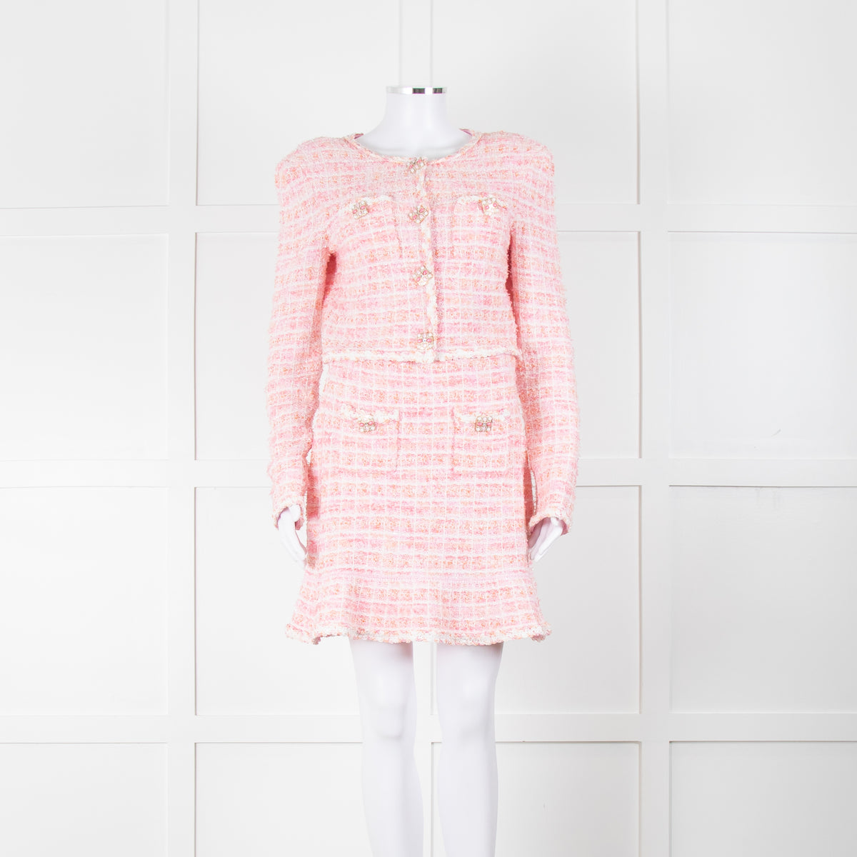 Self-Portrait Pink Woven Stretch Tweed Jacket And Skirt Suit