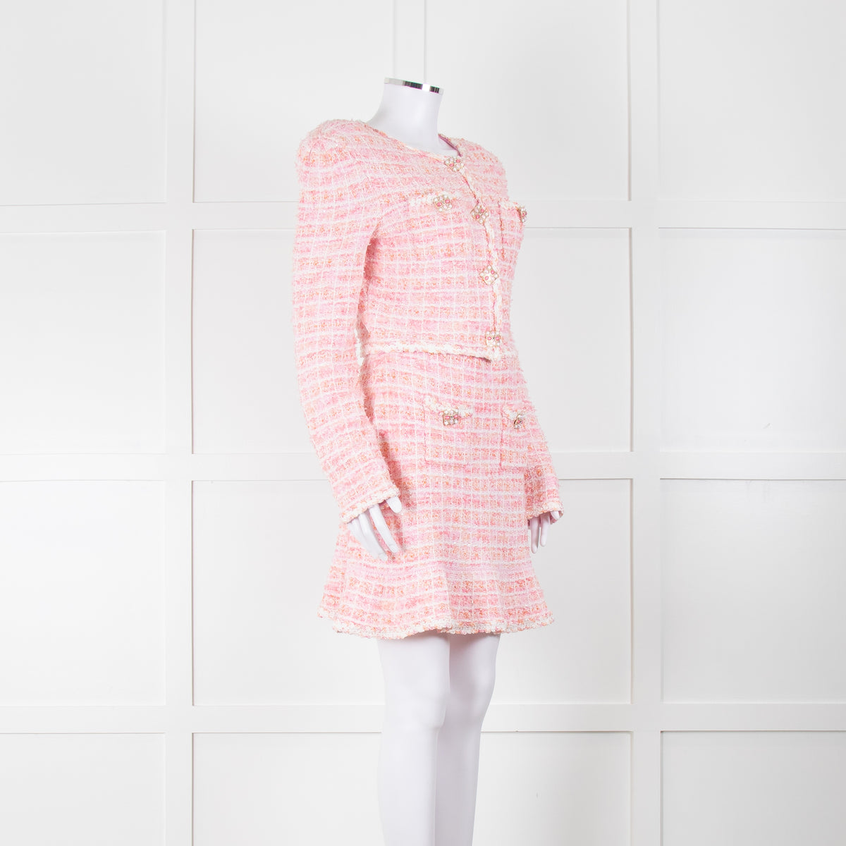 Self-Portrait Pink Woven Stretch Tweed Jacket And Skirt Suit