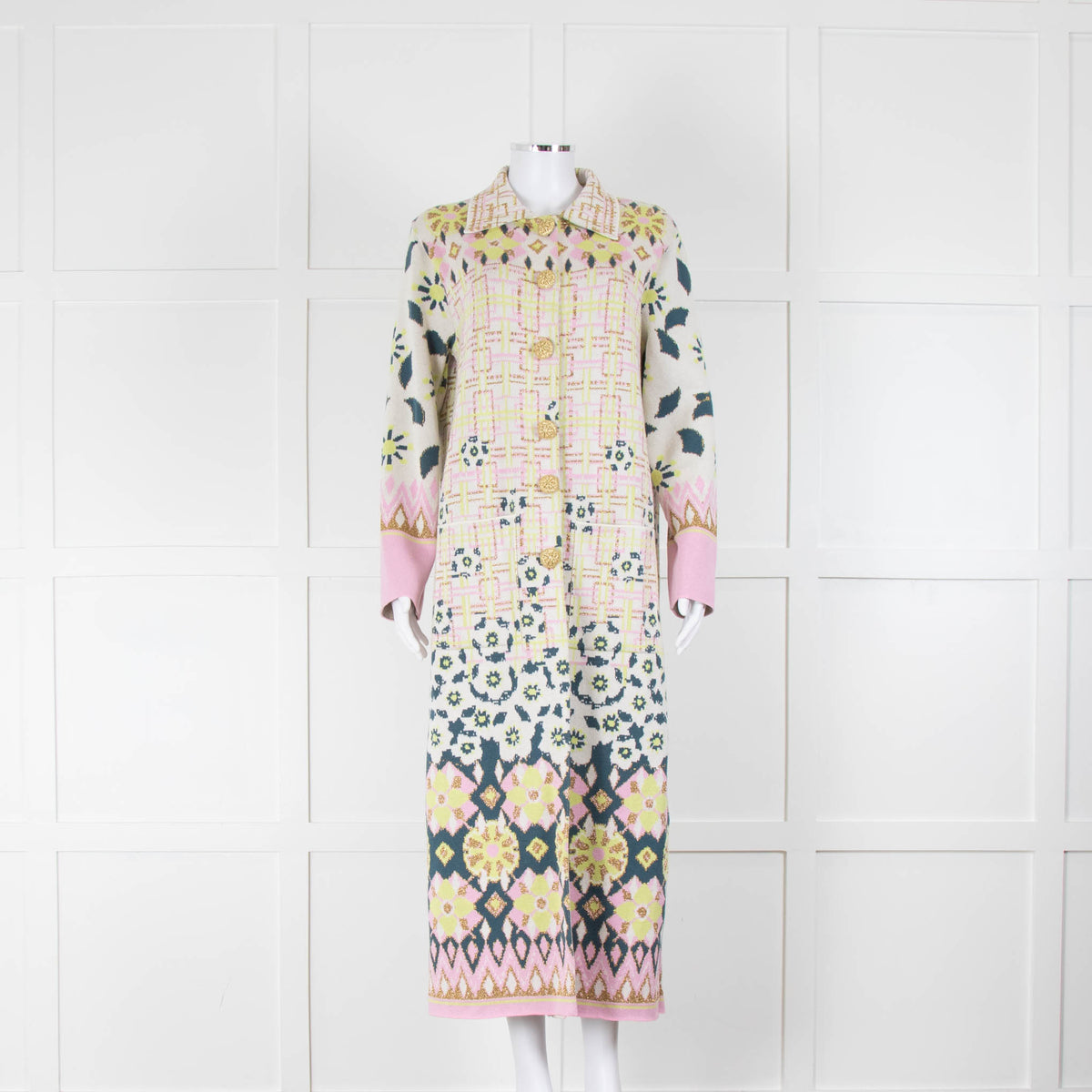 Hayley Menzies Cream Green Gold Cotton Blend Jacquard Long Jacket