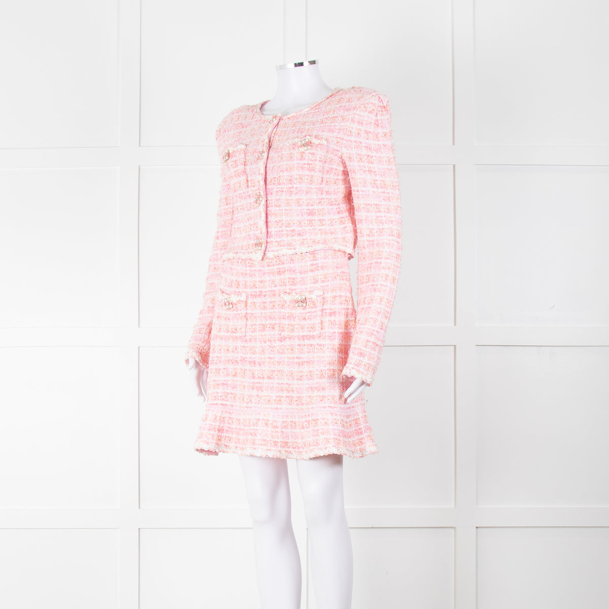 Self-Portrait Pink Woven Stretch Tweed Jacket And Skirt Suit