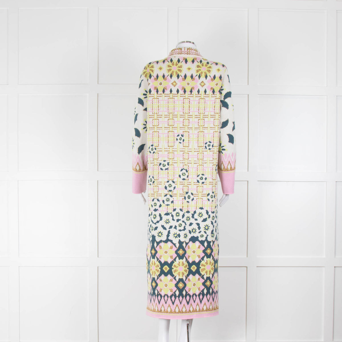 Hayley Menzies Cream Green Gold Cotton Blend Jacquard Long Jacket